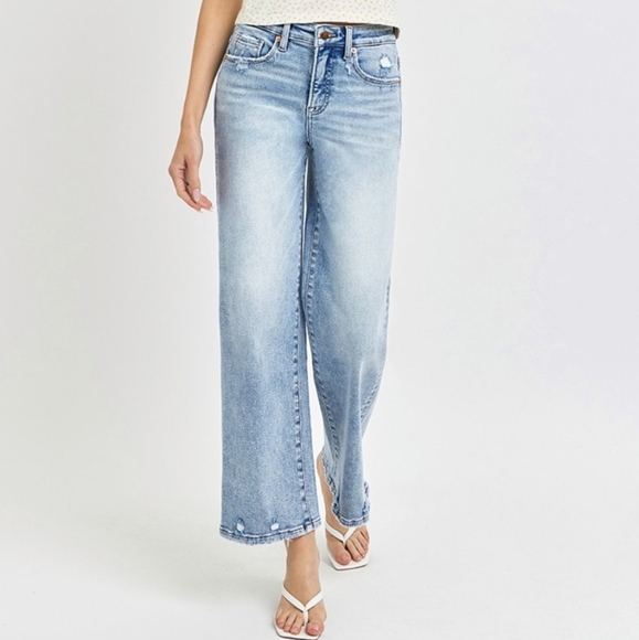 RISEN High-Rise Wide Leg Tummy Control Pants Distressed Cropped Denim Blue Jeans - Picture 11 of 15